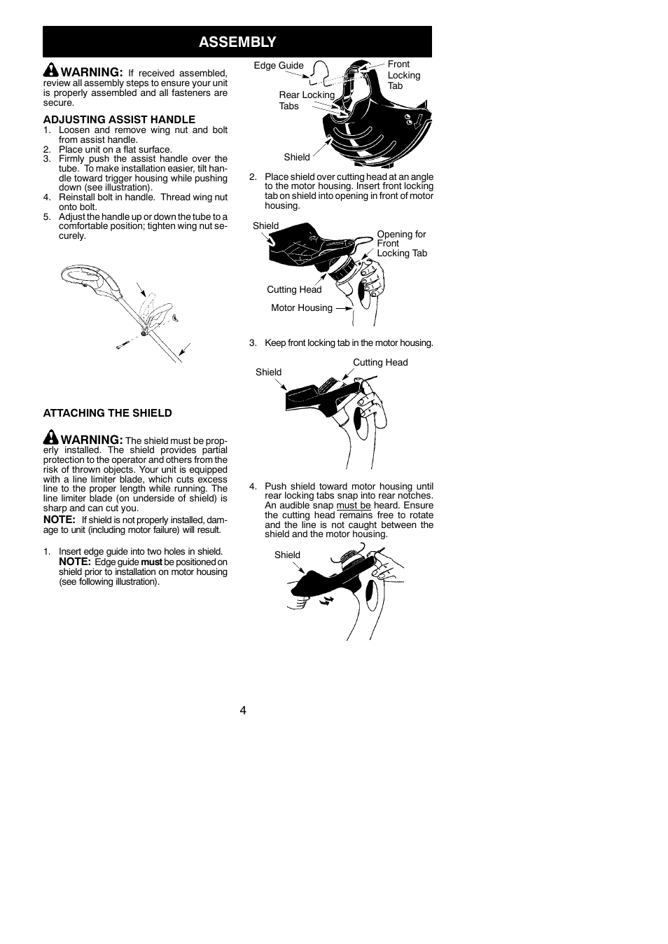 Assembly, Warning | Weed Eater 545117527 User Manual | Page 4 / 9