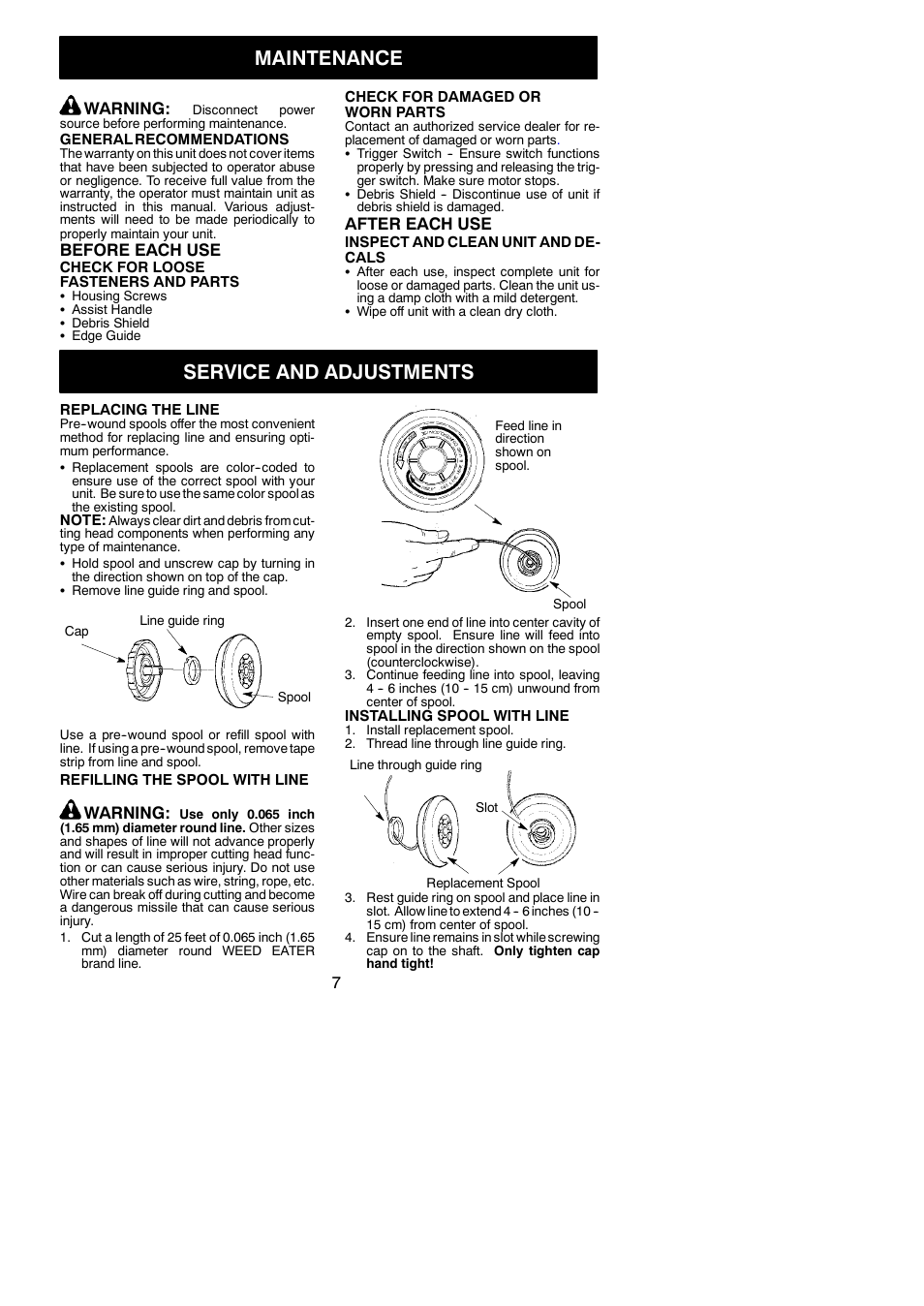 Maintenance, Service and adjustments, Warning | Before each use, After each use | Weed Eater 545117527 User Manual | Page 7 / 9