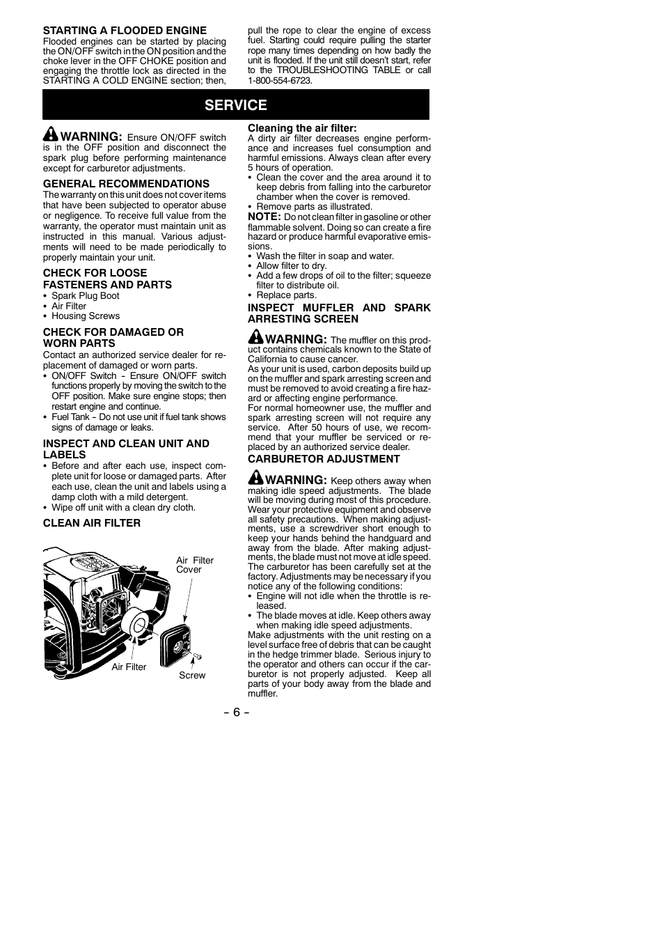 Service, Warning | Weed Eater 530164003 User Manual | Page 6 / 10