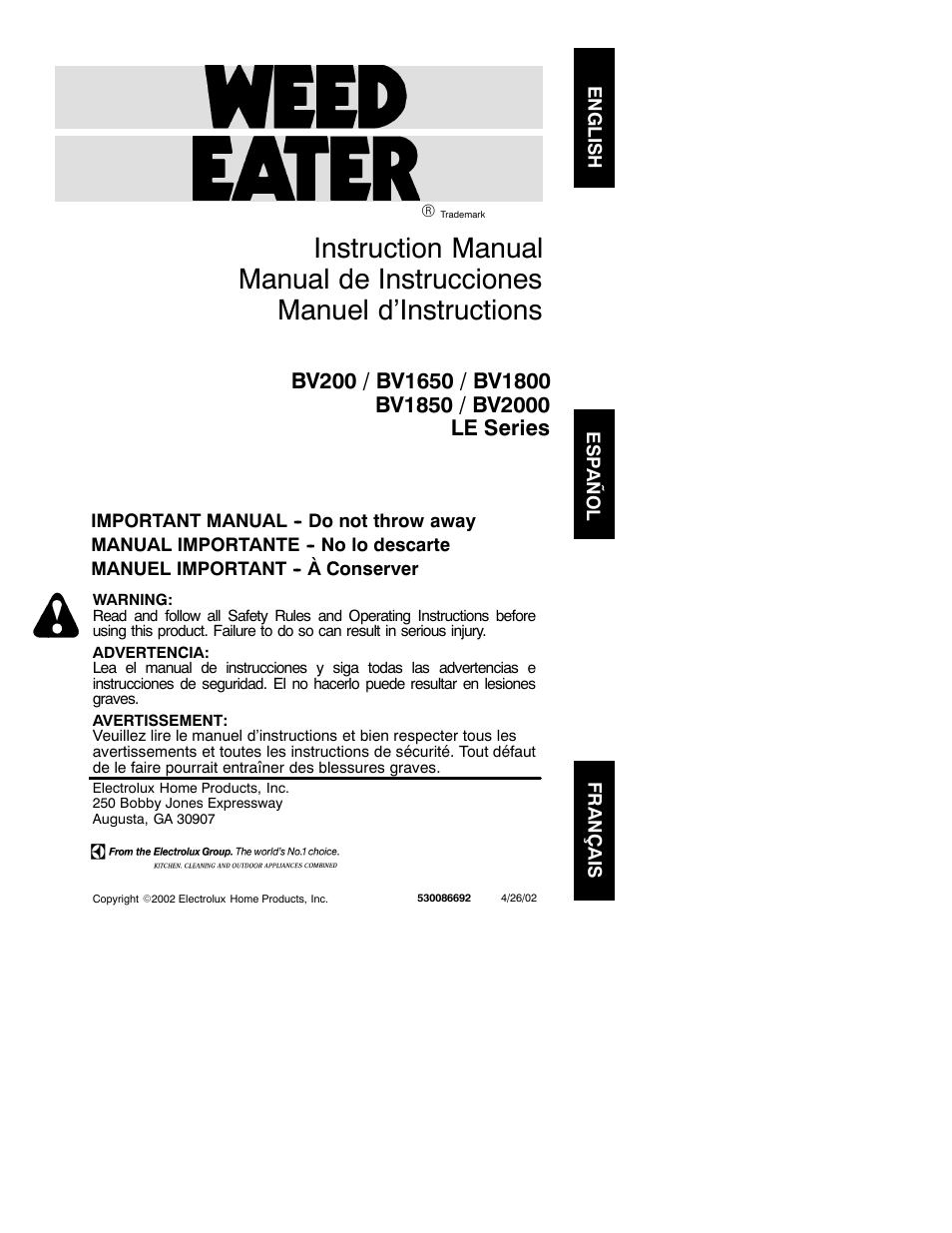 Weed Eater 530086692 User Manual | 9 pages