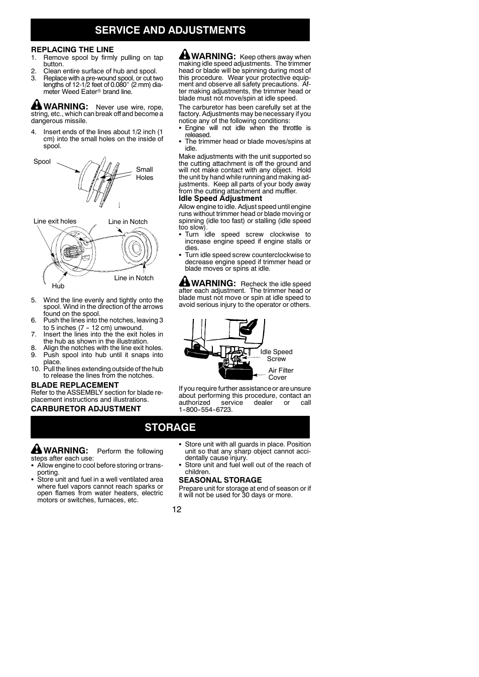 Service and adjustments, Storage, Warning | Weed Eater BC2500 LE User Manual | Page 12 / 15
