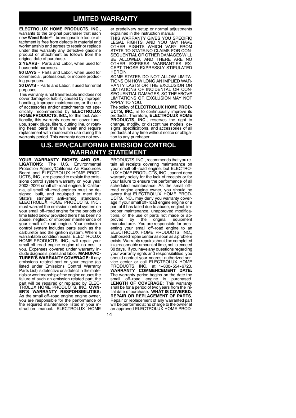 Limited warranty | Weed Eater BC2500 LE User Manual | Page 14 / 15