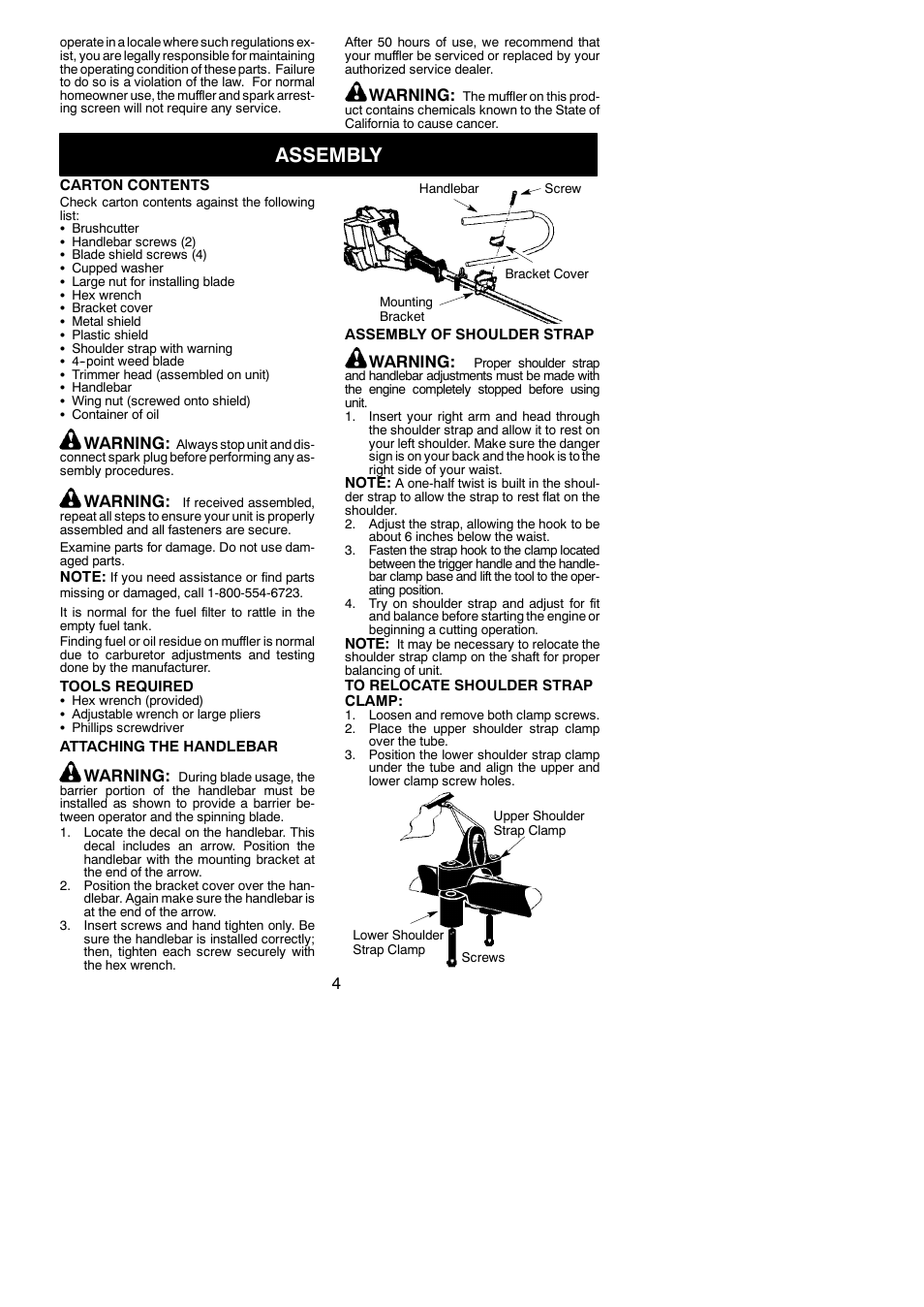 Assembly, Warning | Weed Eater BC2500 LE User Manual | Page 4 / 15