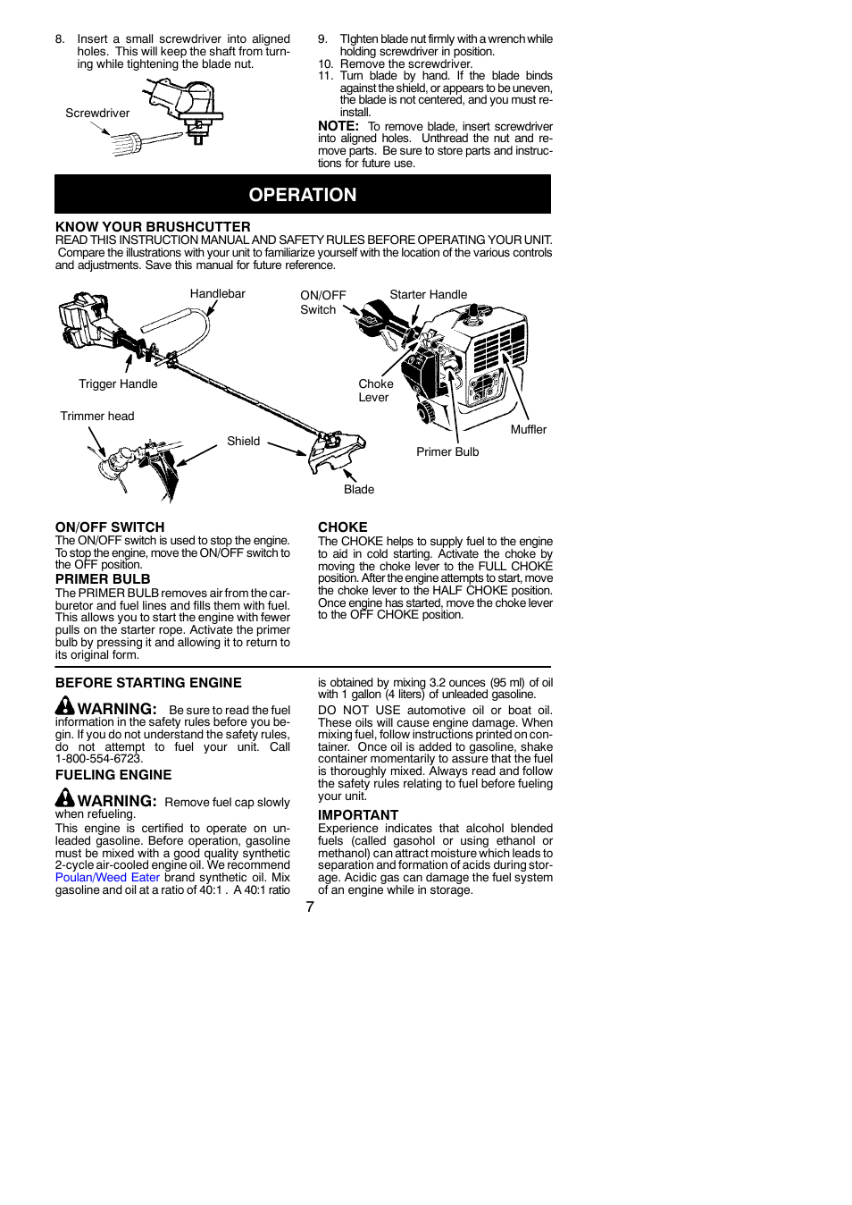 Operation, Warning | Weed Eater BC2500 LE User Manual | Page 7 / 15
