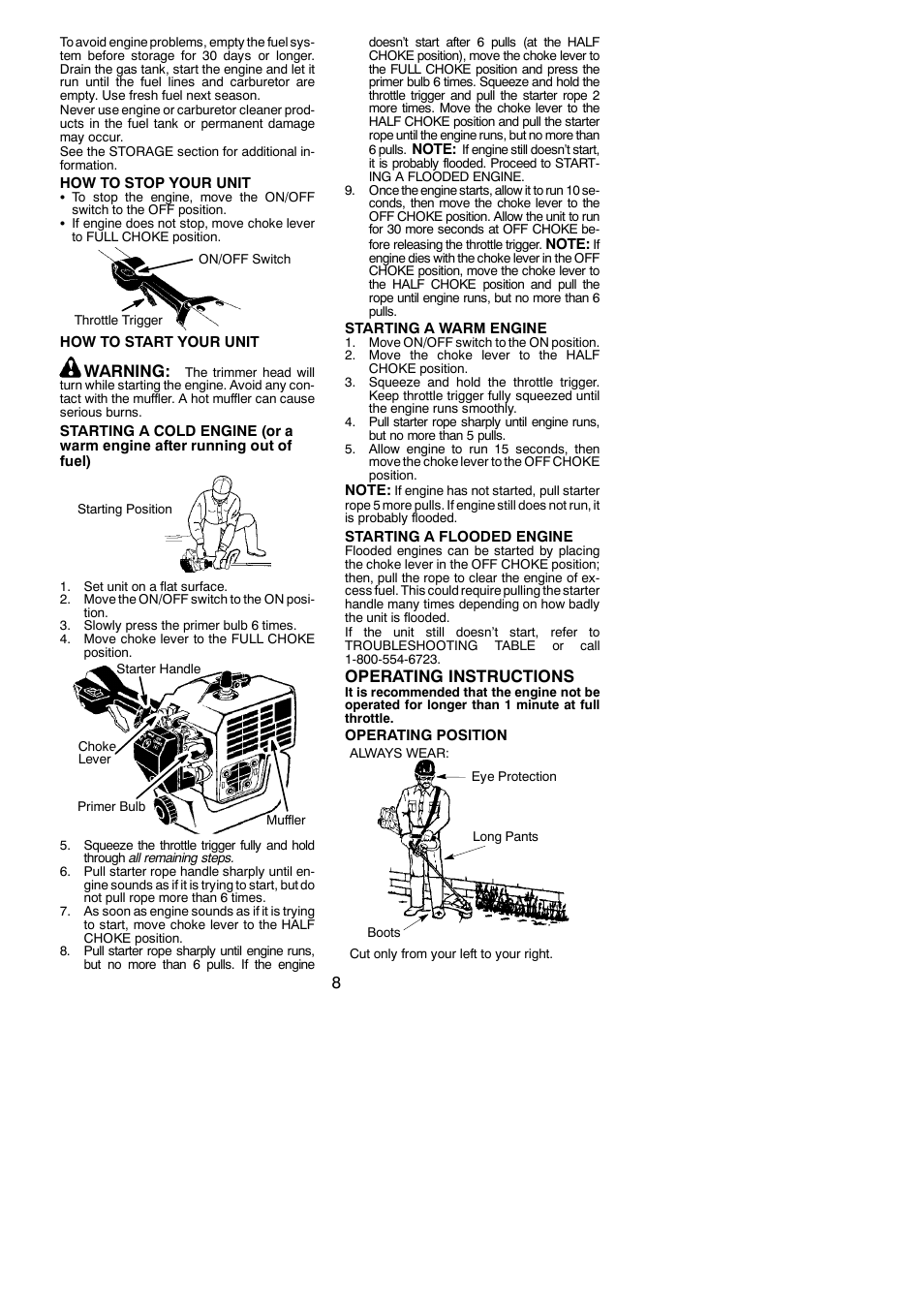 Warning, Operating instructions | Weed Eater BC2500 LE User Manual | Page 8 / 15