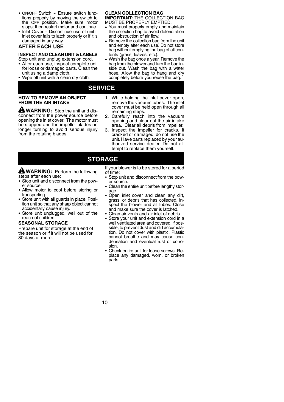 Service, Storage | Weed Eater 545117528 User Manual | Page 10 / 11