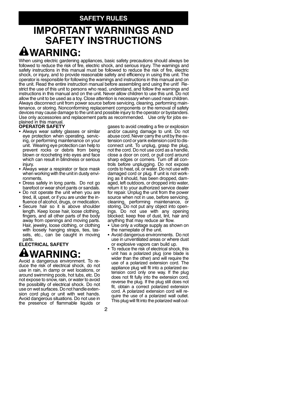 Important warnings and safety instructions warning, Warning, Safety rules | Weed Eater 545117528 User Manual | Page 2 / 11