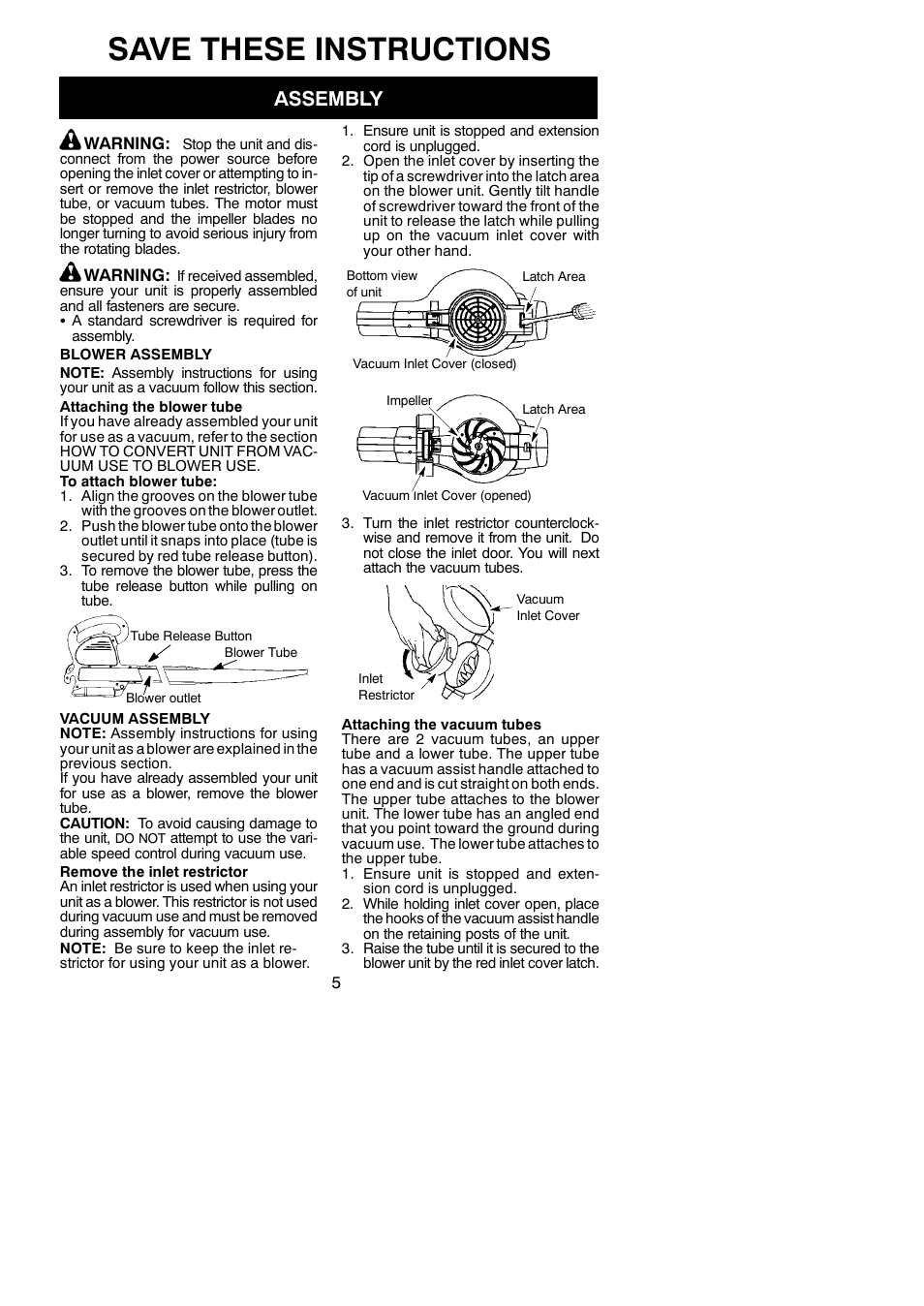 Save these instructions, Assembly | Weed Eater 545117528 User Manual | Page 5 / 11