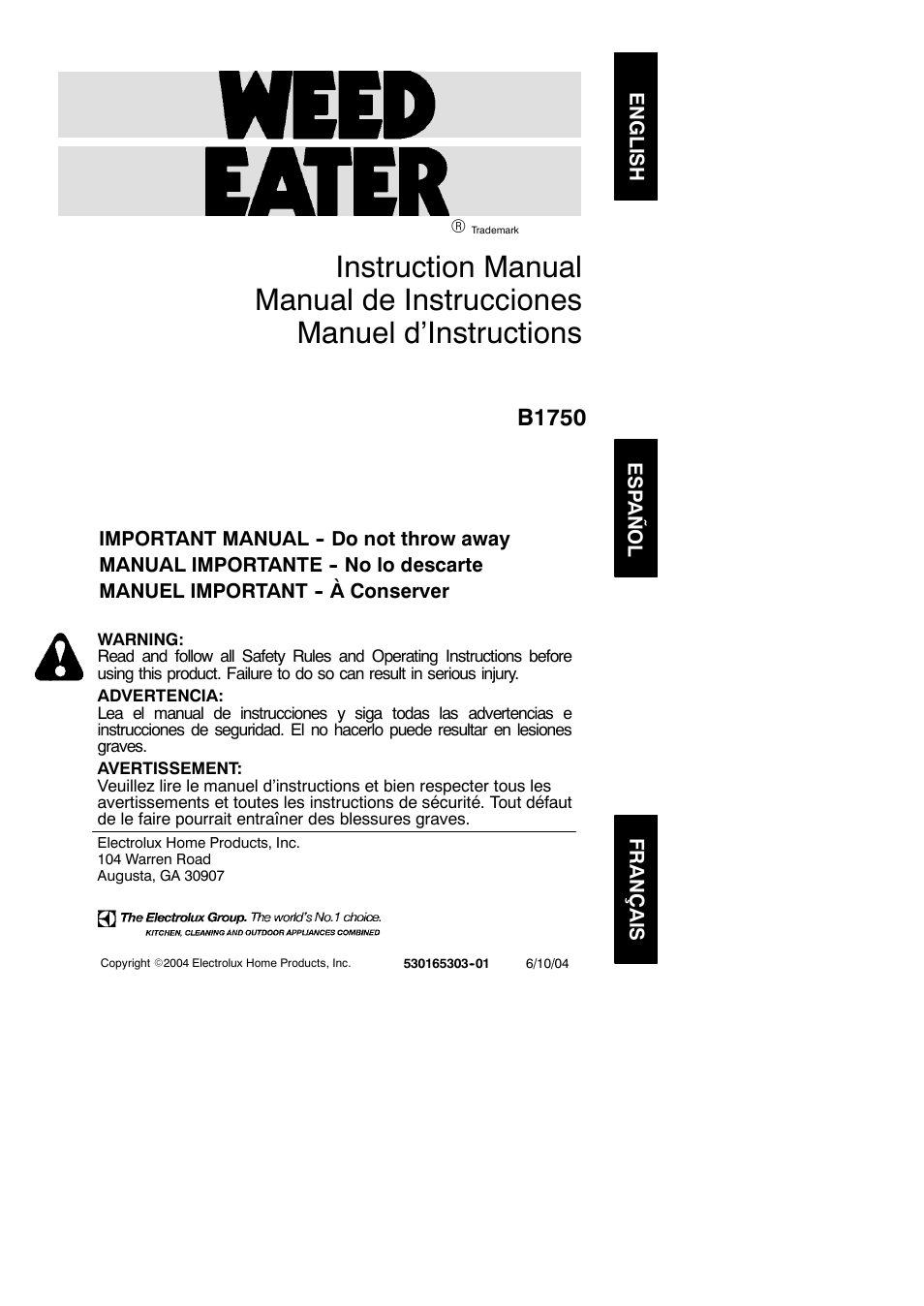 Weed Eater 530165303-01 User Manual | 10 pages