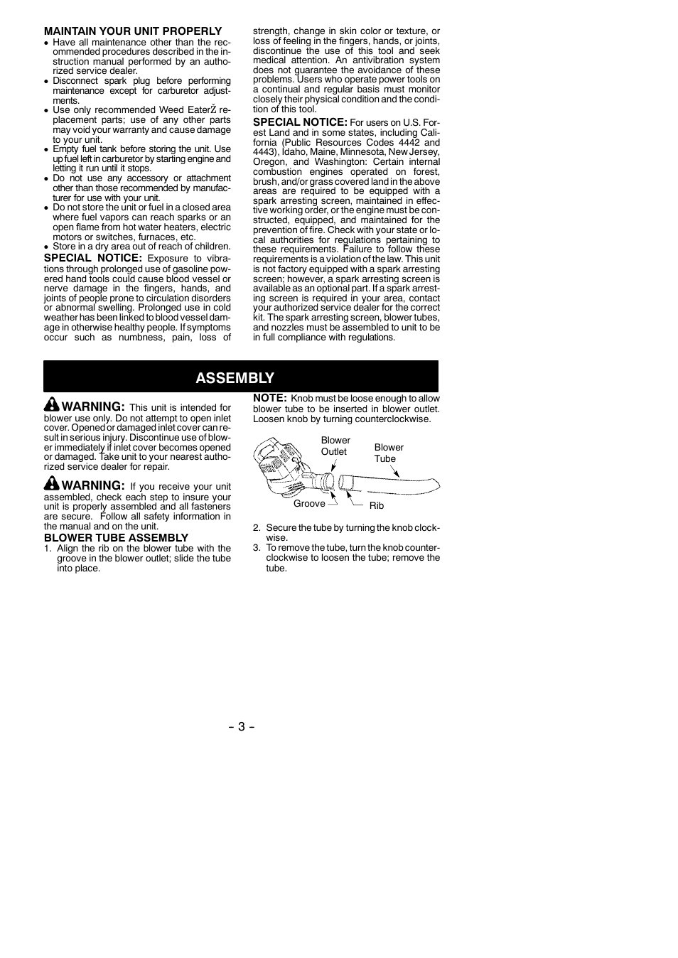 Assembly, Warning | Weed Eater 530165303-01 User Manual | Page 3 / 10