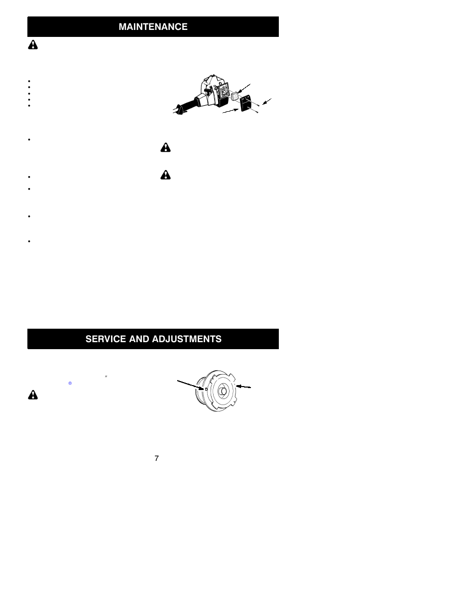 Maintenance, Service and adjustments | Weed Eater LE User Manual | Page 7 / 11