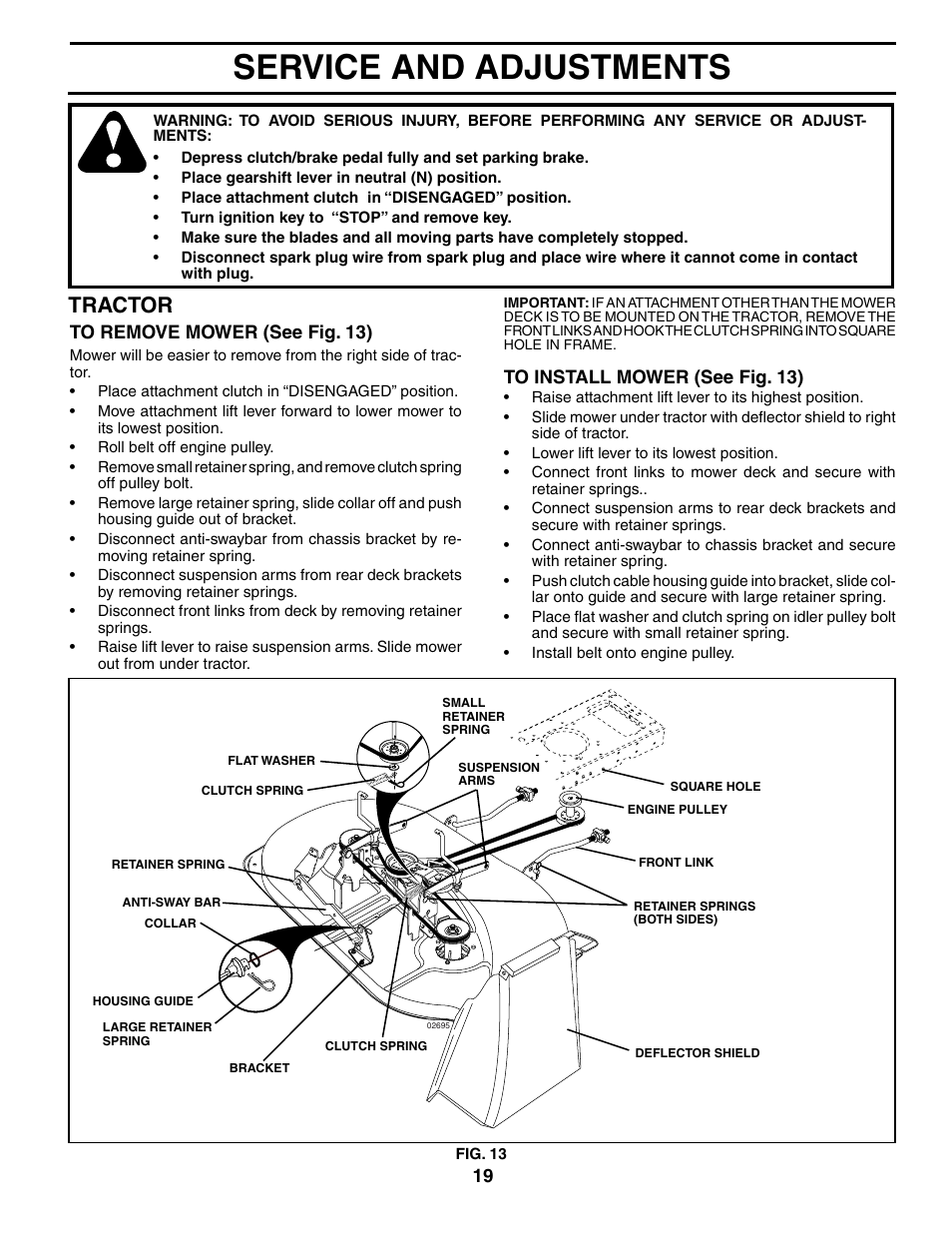 Service and adjustments, Tractor | Weed Eater 195013 User Manual | Page 19 / 30