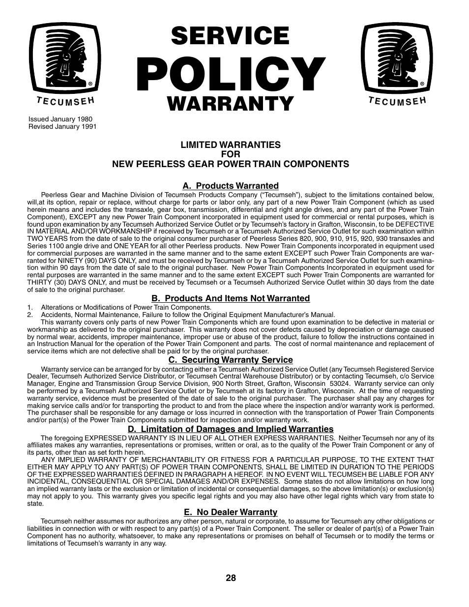 Policy, Service, Warranty | Weed Eater 195013 User Manual | Page 28 / 30