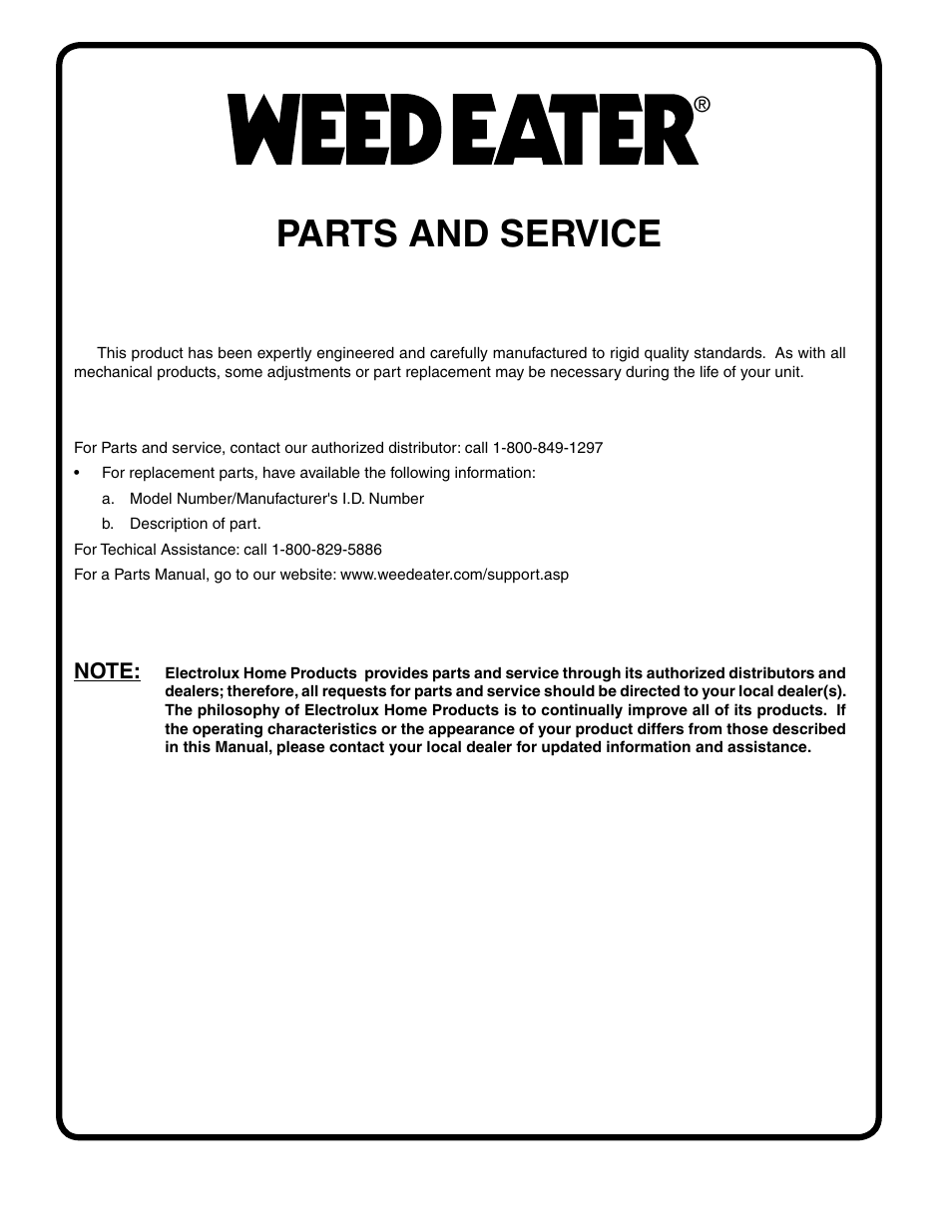 Parts and service | Weed Eater 195013 User Manual | Page 30 / 30