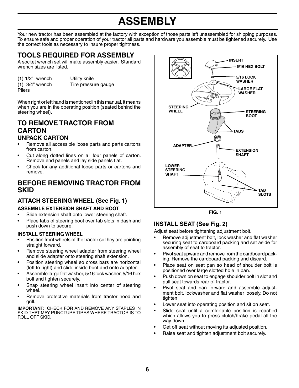 Assembly, Tools required for assembly, Before removing tractor from skid | Weed Eater 195013 User Manual | Page 6 / 30