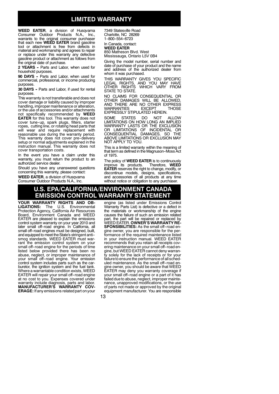 Limited warranty | Weed Eater 795711814 User Manual | Page 13 / 14