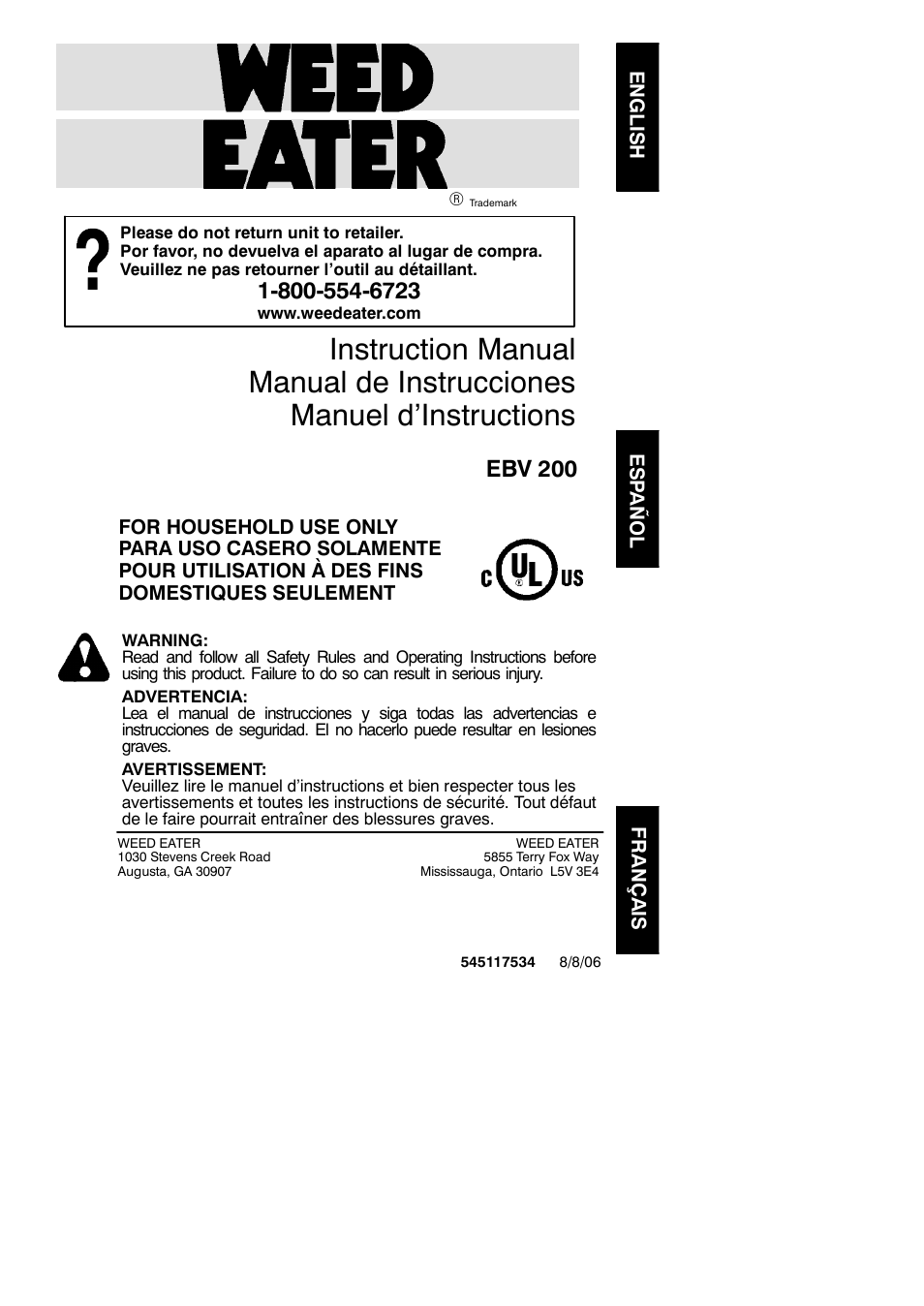 Weed Eater EBV 200 User Manual | 10 pages