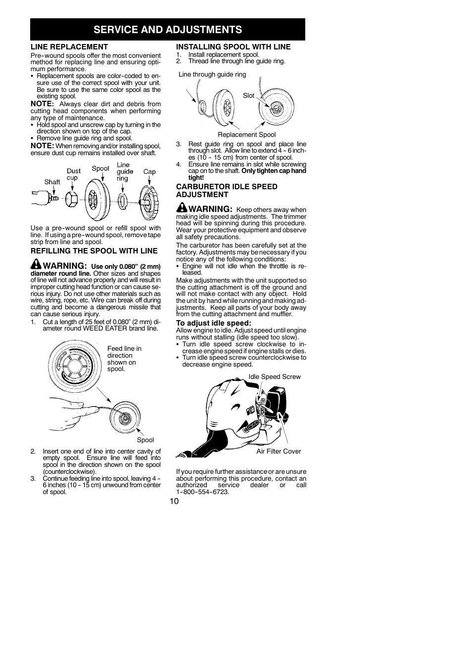 Service and adjustments, Warning | Weed Eater 952711797 User Manual | Page 10 / 14