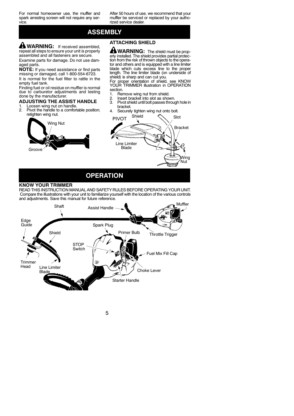 Assembly, Operation, Warning | Weed Eater 952711797 User Manual | Page 5 / 14