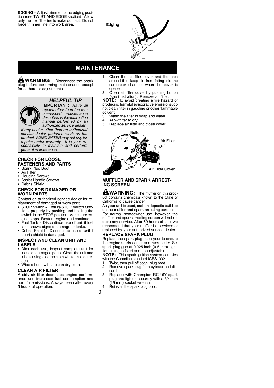 Maintenance, Warning, Helpful tip | Weed Eater 952711797 User Manual | Page 9 / 14