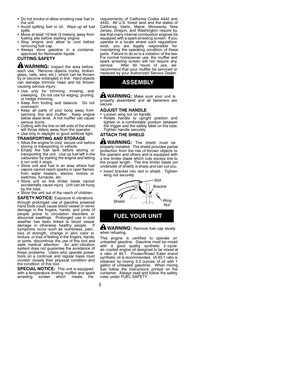 Assembly, Fuel your unit | Weed Eater FeatherLite 530086308 User Manual | Page 3 / 7