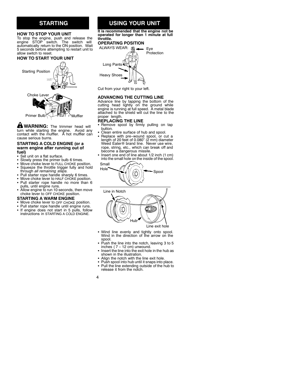Starting, Using your unit | Weed Eater FeatherLite 530086308 User Manual | Page 4 / 7