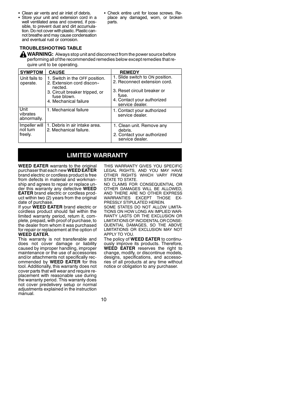 Limited warranty | Weed Eater 545117535 User Manual | Page 10 / 10