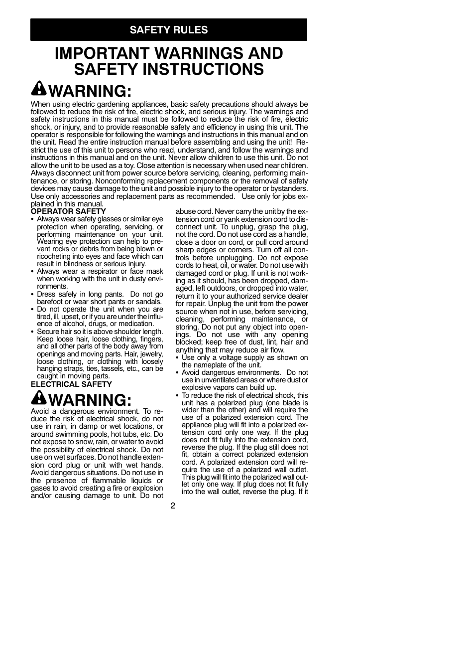 Important warnings and safety instructions warning, Warning, Safety rules | Weed Eater 545117535 User Manual | Page 2 / 10