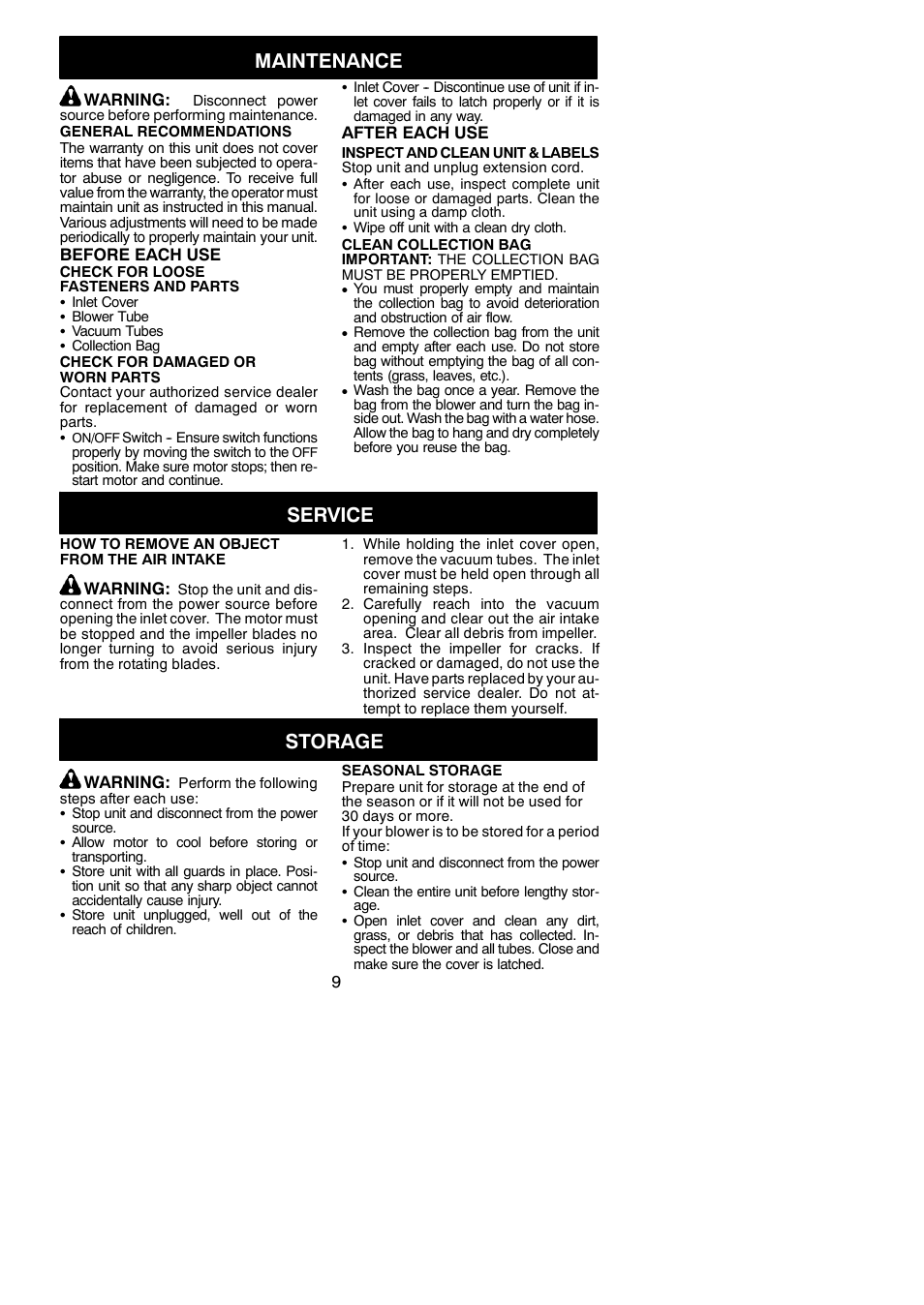 Maintenance, Service, Storage | Weed Eater 545117535 User Manual | Page 9 / 10
