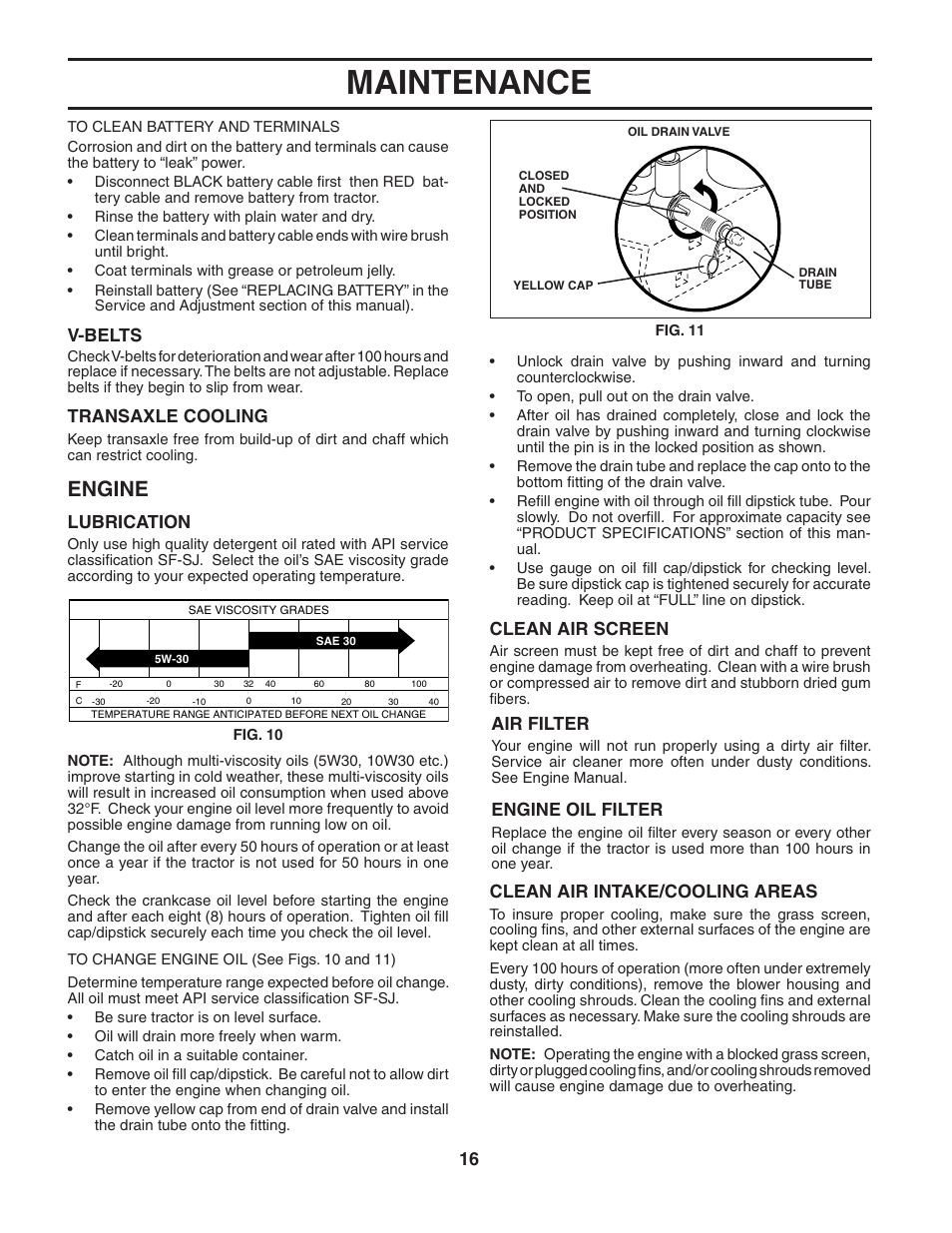 Maintenance, Engine, V-belts | Transaxle cooling, Lubrication, Clean air screen, Clean air intake/cooling areas, Air filter, Engine oil filter | Weed Eater 188313 User Manual | Page 16 / 48