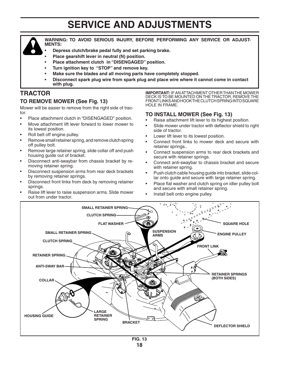 Service and adjustments, Tractor | Weed Eater 188313 User Manual | Page 18 / 48