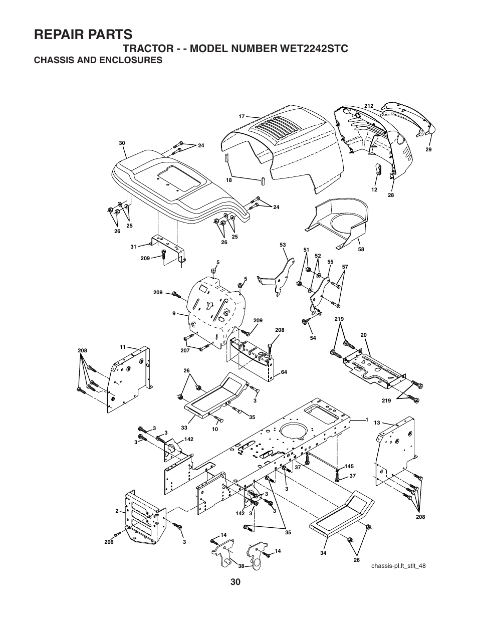 Repair parts, Tractor - - model number wet2242stc, Chassis and enclosures | Weed Eater 188313 User Manual | Page 30 / 48