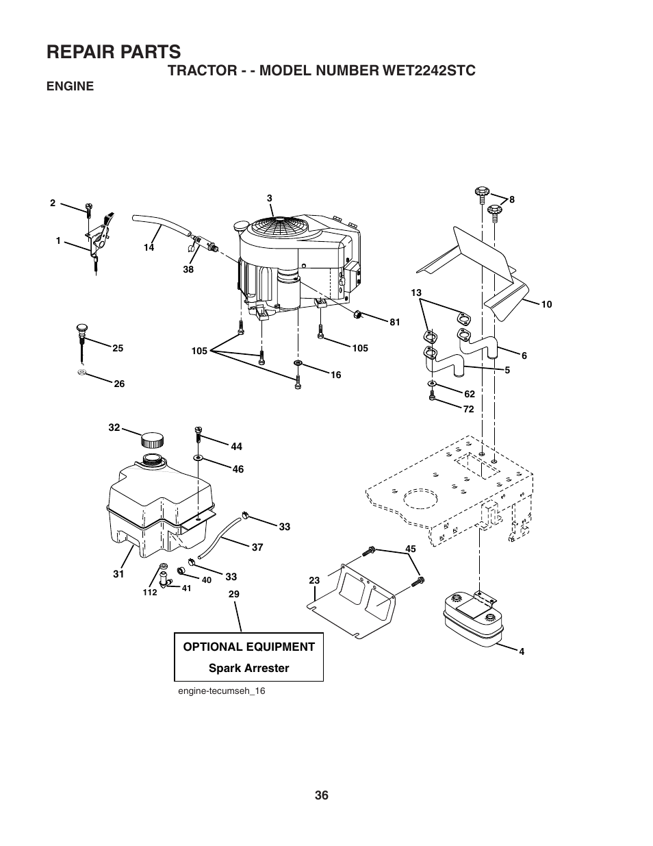 Repair parts, Tractor - - model number wet2242stc | Weed Eater 188313 User Manual | Page 36 / 48