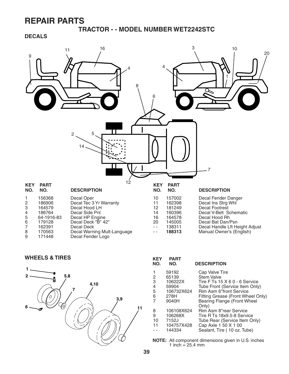 Repair parts, Tractor - - model number wet2242stc | Weed Eater 188313 User Manual | Page 39 / 48