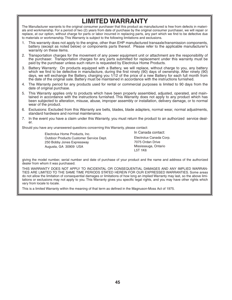 Limited warranty | Weed Eater 188313 User Manual | Page 45 / 48