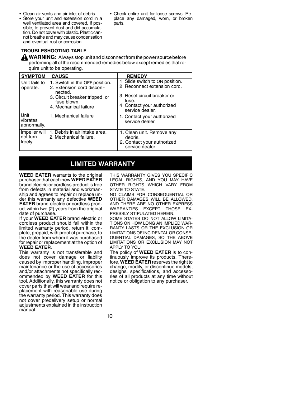 Limited warranty | Weed Eater 545117525 User Manual | Page 10 / 10