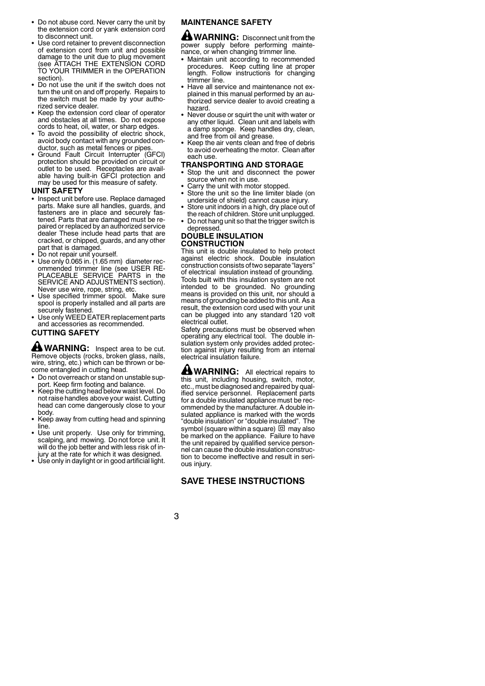 Warning, Save these instructions | Weed Eater 545117526 User Manual | Page 3 / 9