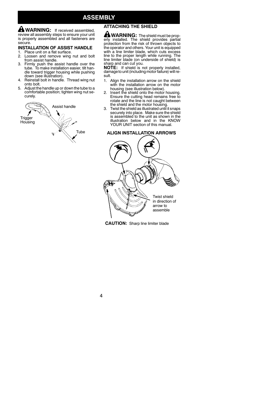 Assembly, Warning | Weed Eater 545117526 User Manual | Page 4 / 9