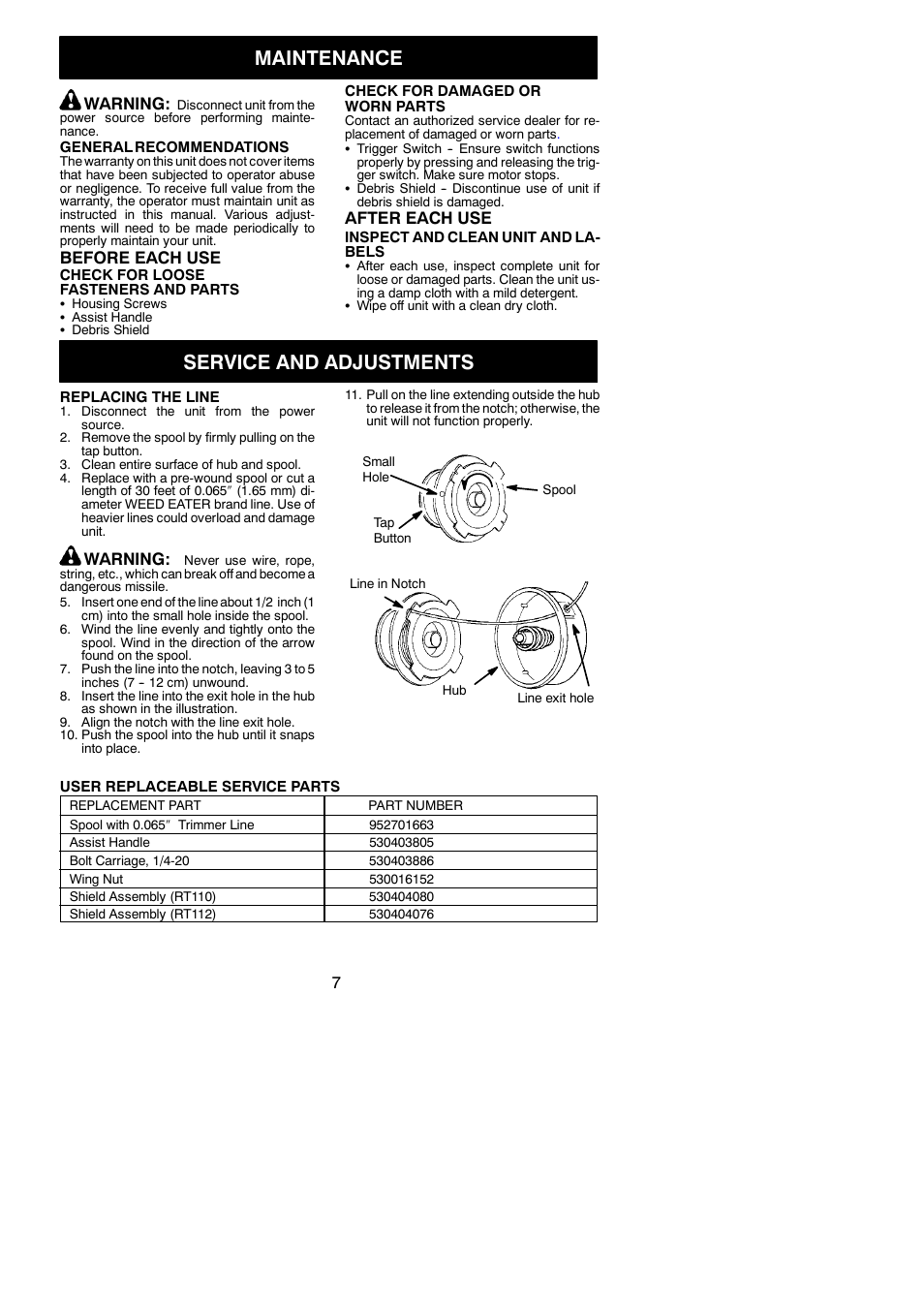 Maintenance, Service and adjustments, Warning | Before each use, After each use | Weed Eater 545117526 User Manual | Page 7 / 9