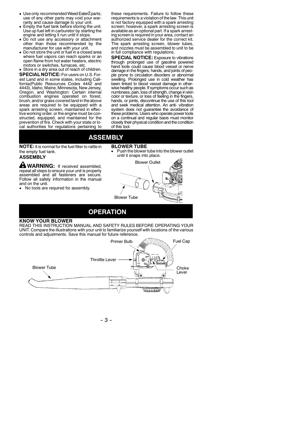 Assembly, Operation, Warning | Weed Eater 530164008 User Manual | Page 3 / 9