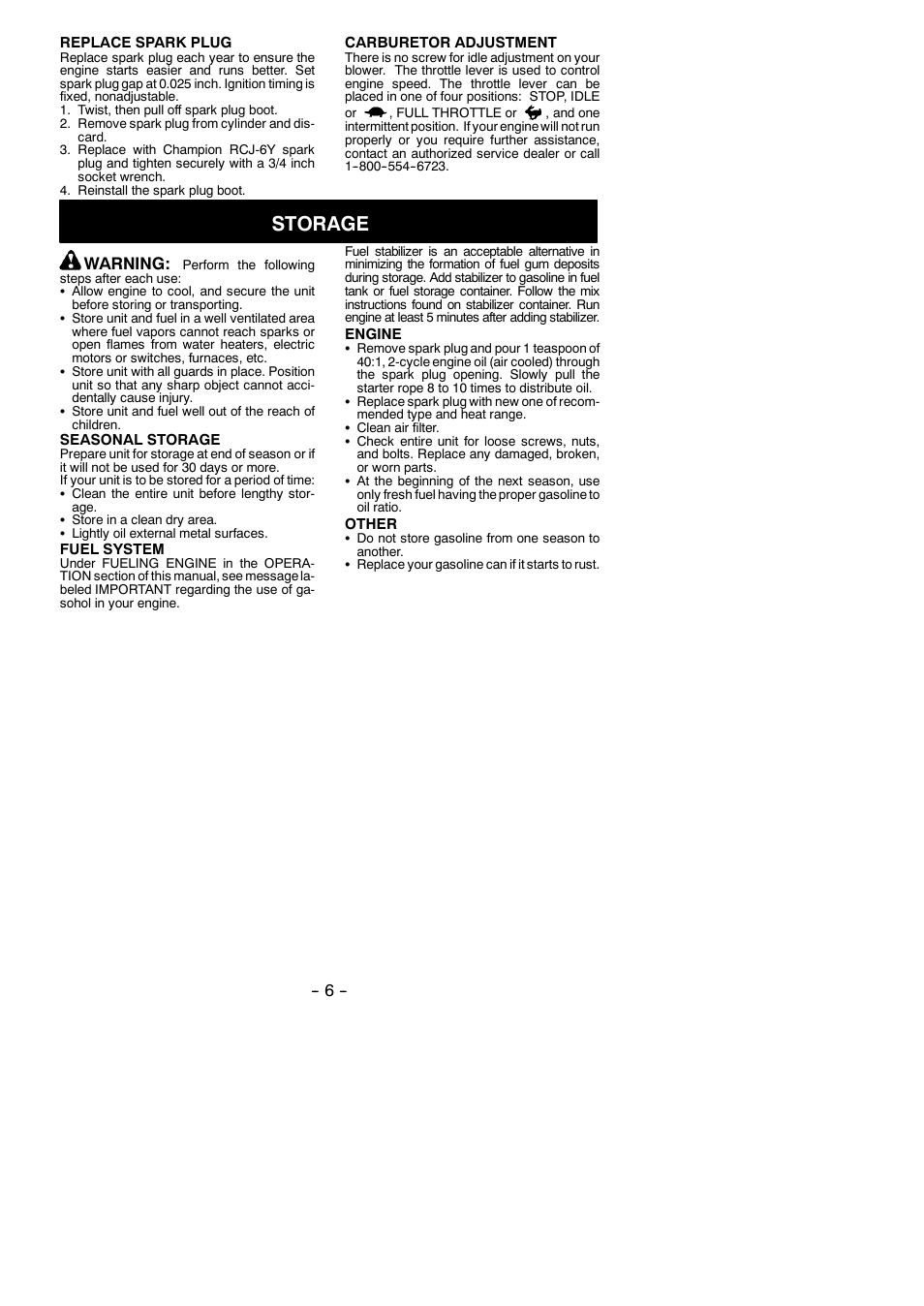 Storage, Warning | Weed Eater 530164008 User Manual | Page 6 / 9