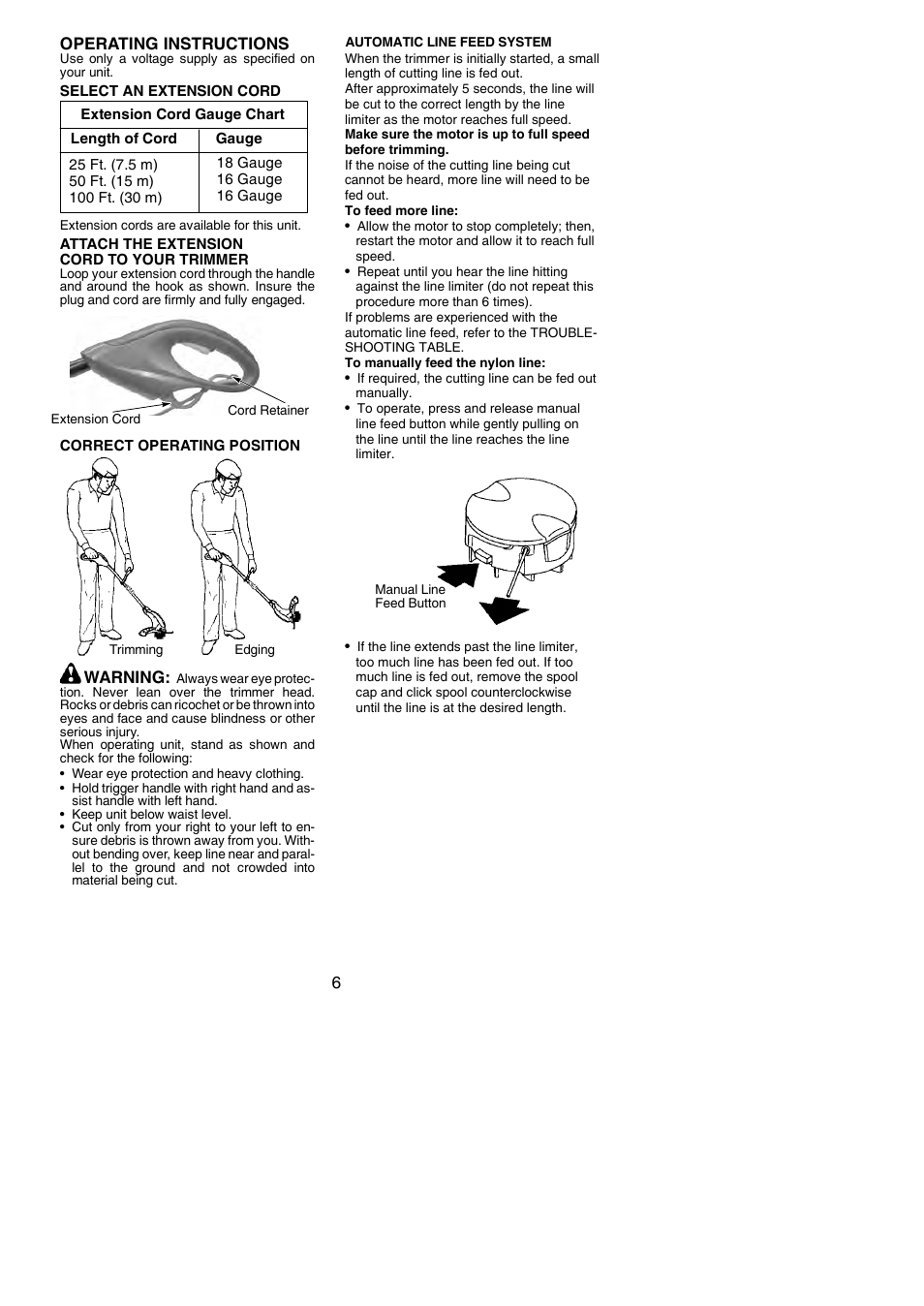 6operating instructions, Warning | Weed Eater 245157 User Manual | Page 6 / 10