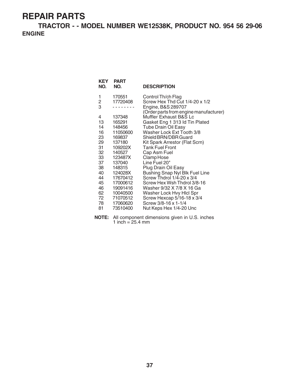 Repair parts | Weed Eater WE12538K User Manual | Page 37 / 48
