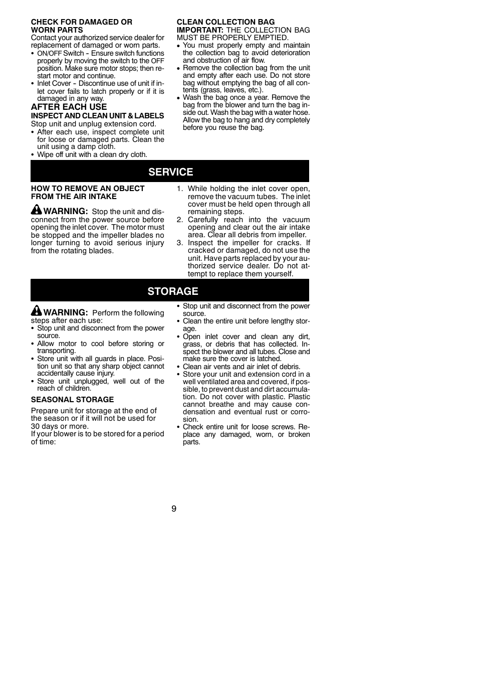 Service, Storage | Weed Eater 952711837 User Manual | Page 9 / 10