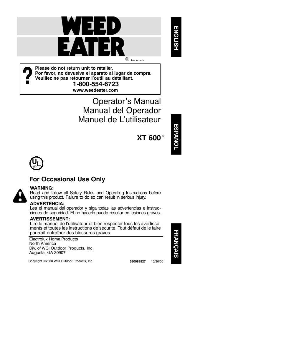 Weed Eater XT600 User Manual | 7 pages