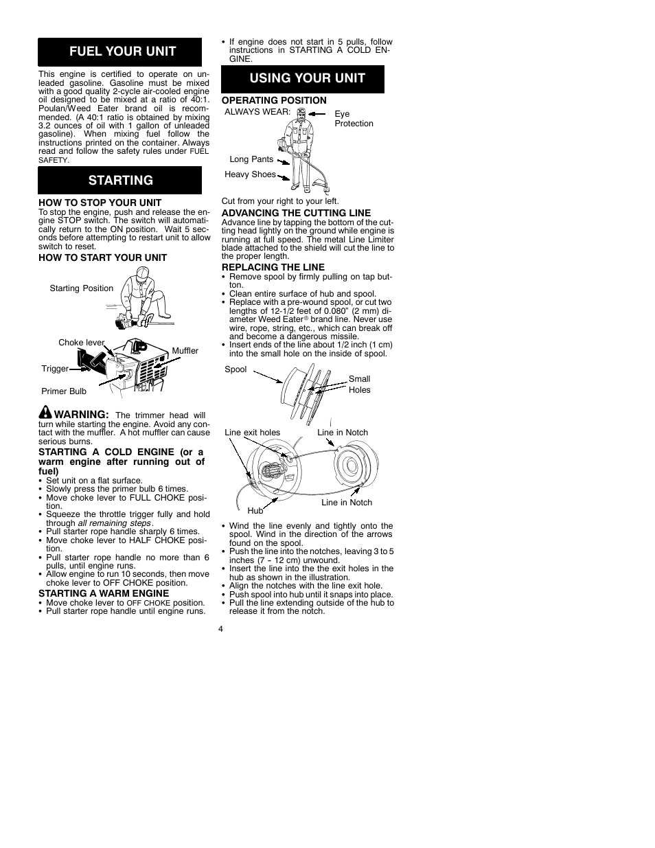 Fuel your unit, Starting, Using your unit | Weed Eater XT600 User Manual | Page 4 / 7