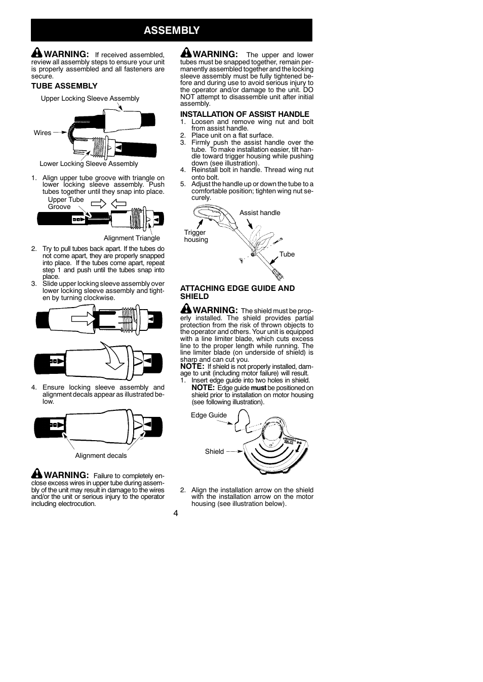 Assembly, Warning | Weed Eater 545167695 User Manual | Page 4 / 10
