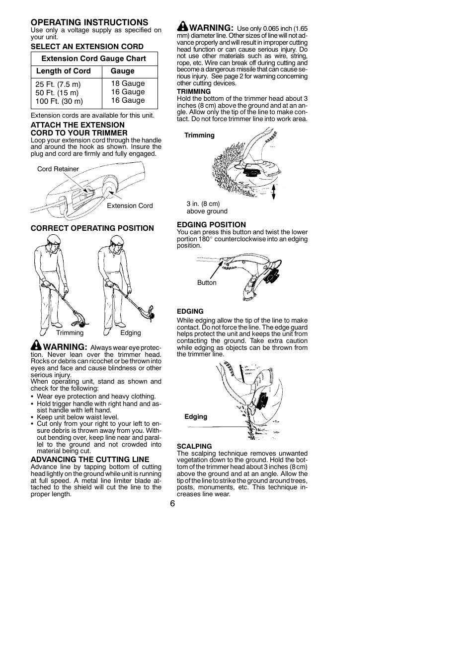 6operating instructions, Warning | Weed Eater 545167695 User Manual | Page 6 / 10