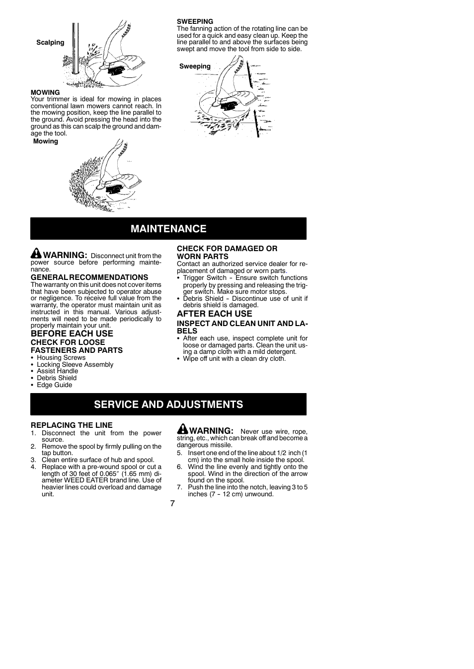 Maintenance, Service and adjustments | Weed Eater 545167695 User Manual | Page 7 / 10