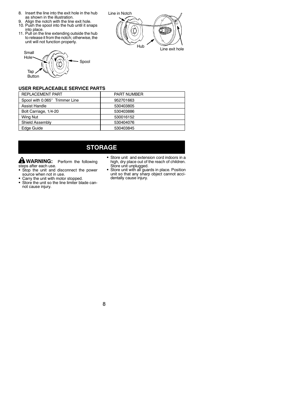 Storage, Warning | Weed Eater 545167695 User Manual | Page 8 / 10